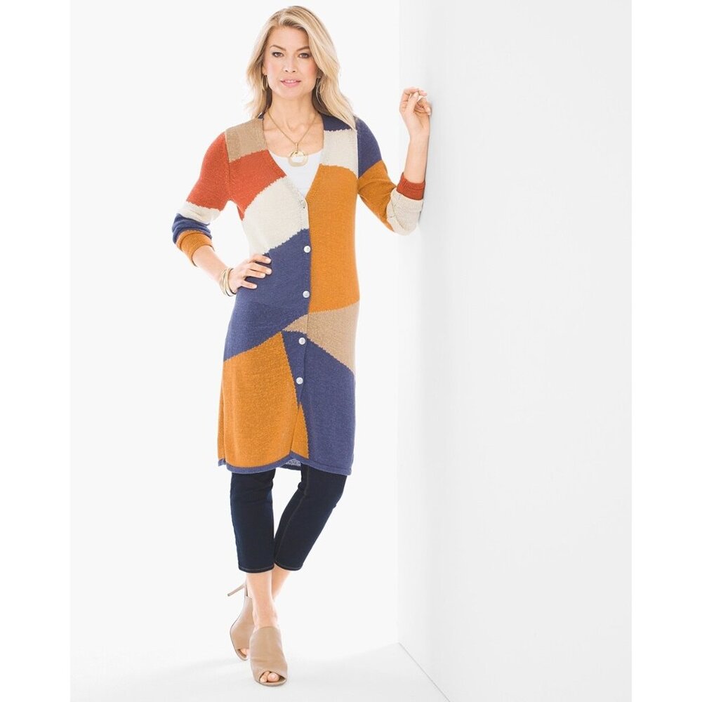 Chico's Sz. S Geometric Colorblocked Button Closure Cardigan Preppy